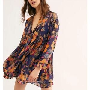 Free People Navy and Orange Floral Blouse